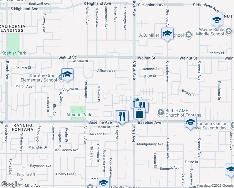 map of restaurants, bars, coffee shops, grocery stores, and more near 7090 Sgt Bryan Brewster in Fontana