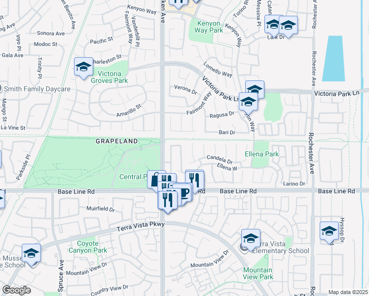 map of restaurants, bars, coffee shops, grocery stores, and more near 7131 Ravenswood Place in Rancho Cucamonga