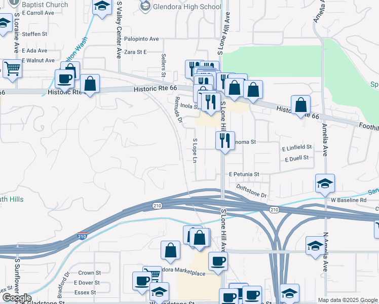 map of restaurants, bars, coffee shops, grocery stores, and more near 1714 East Linfield Street in Glendora