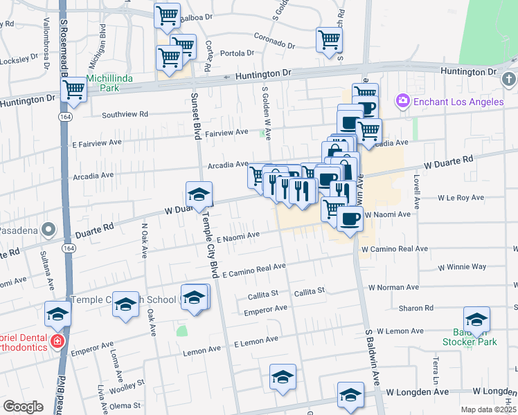 map of restaurants, bars, coffee shops, grocery stores, and more near 922 West Duarte Road in Arcadia
