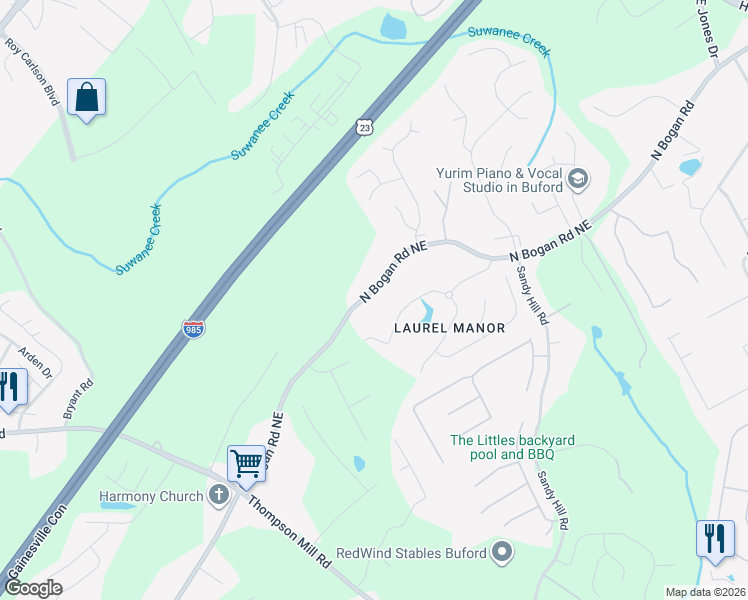 map of restaurants, bars, coffee shops, grocery stores, and more near 3273 North Bogan Road Northeast in Buford