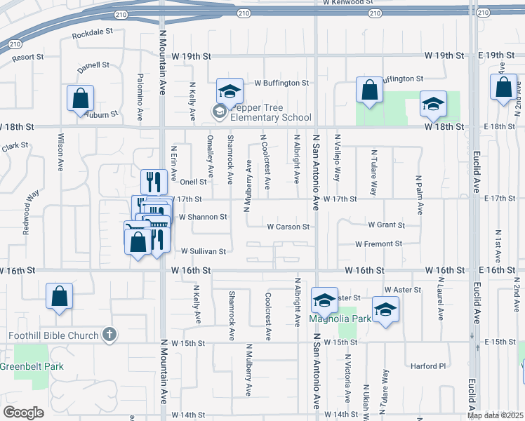 map of restaurants, bars, coffee shops, grocery stores, and more near 952 West 17th Street in Upland