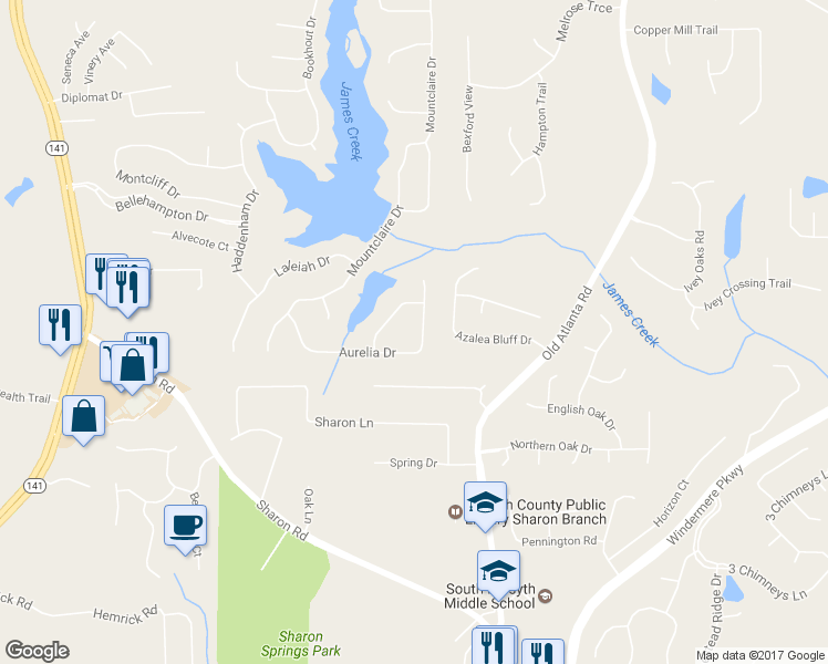 map of restaurants, bars, coffee shops, grocery stores, and more near 1815 Aurelia Drive in Cumming
