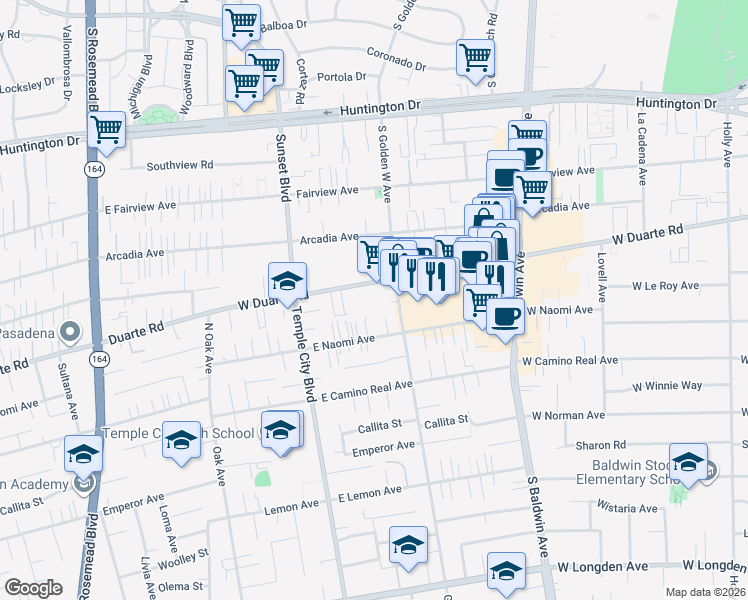 map of restaurants, bars, coffee shops, grocery stores, and more near 922 West Duarte Road in Arcadia