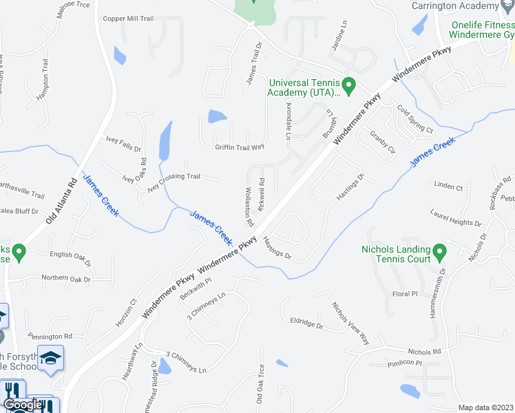 map of restaurants, bars, coffee shops, grocery stores, and more near 4510 Kirkwell Road in Cumming