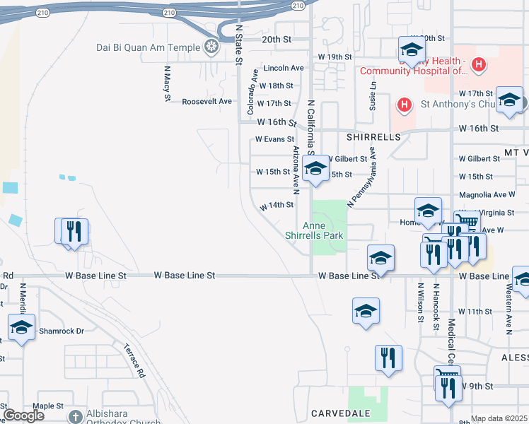 map of restaurants, bars, coffee shops, grocery stores, and more near 2063 West 14th Street in San Bernardino