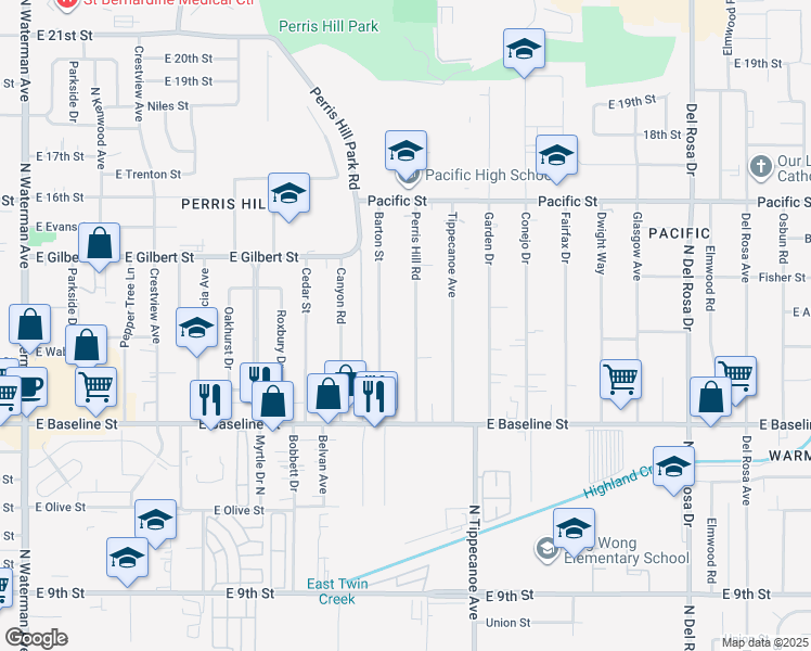 map of restaurants, bars, coffee shops, grocery stores, and more near 7120 Perris Hill Road in San Bernardino