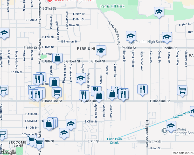 map of restaurants, bars, coffee shops, grocery stores, and more near 1384 Windsor Drive in San Bernardino
