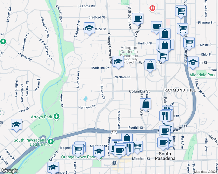 map of restaurants, bars, coffee shops, grocery stores, and more near 1215 South Orange Grove Boulevard in Pasadena