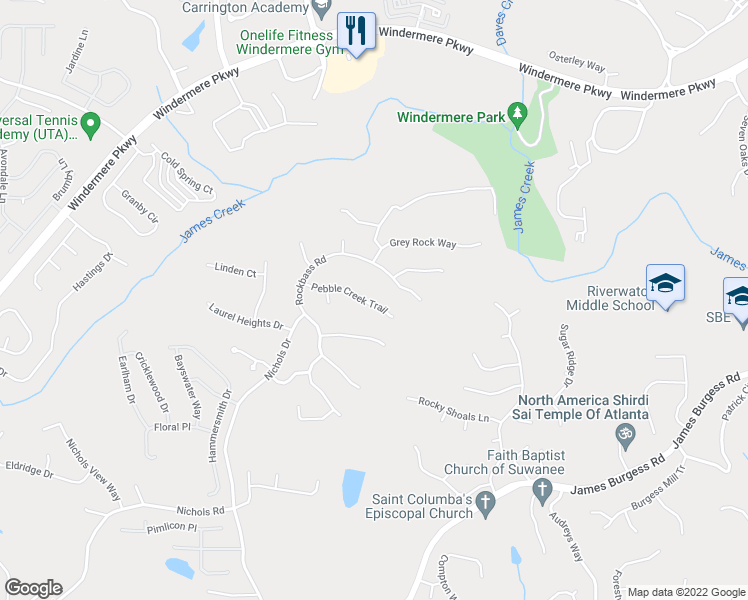 map of restaurants, bars, coffee shops, grocery stores, and more near 1025 Pebble Creek Trail in Suwanee