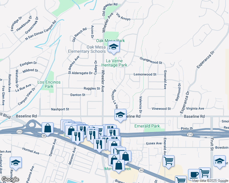 map of restaurants, bars, coffee shops, grocery stores, and more near Rancho La Verne in La Verne
