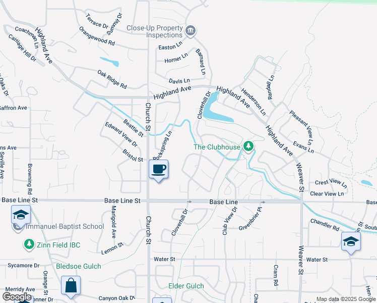 map of restaurants, bars, coffee shops, grocery stores, and more near 7124 Amberwood Lane in Highland