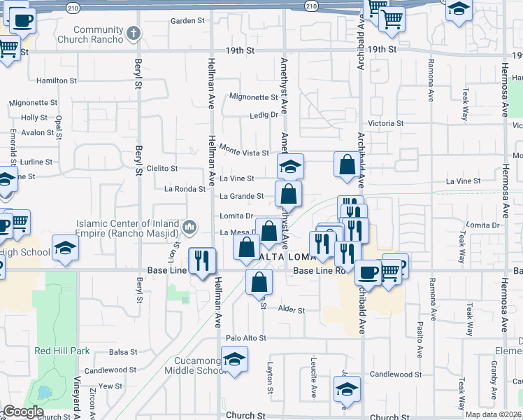 map of restaurants, bars, coffee shops, grocery stores, and more near 9431 La Grande Street in Rancho Cucamonga
