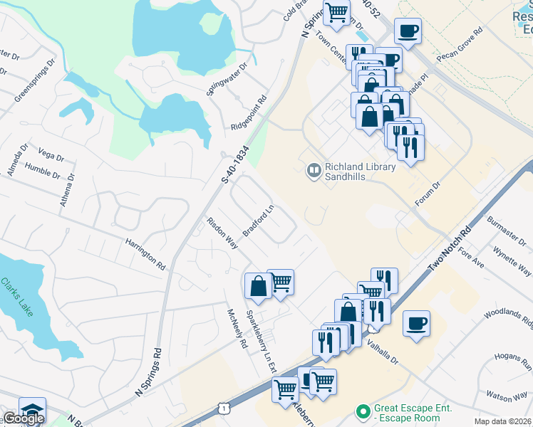 map of restaurants, bars, coffee shops, grocery stores, and more near 7 Bradford Knoll in Columbia