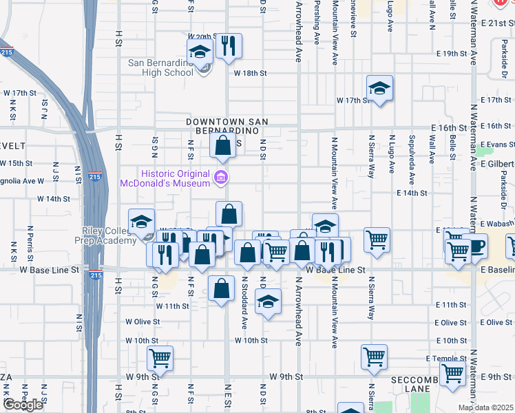 map of restaurants, bars, coffee shops, grocery stores, and more near in San Bernardino