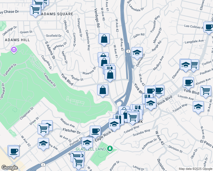 map of restaurants, bars, coffee shops, grocery stores, and more near Verdugo Road in Los Angeles
