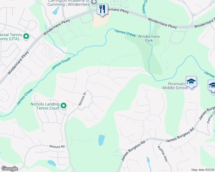map of restaurants, bars, coffee shops, grocery stores, and more near 1025 Pebble Creek Trail in Suwanee