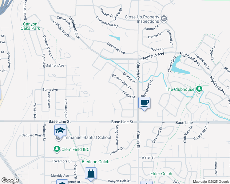 map of restaurants, bars, coffee shops, grocery stores, and more near 7126 Ridge Drive in Highland