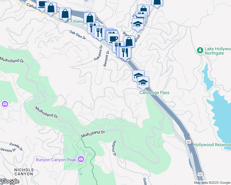 map of restaurants, bars, coffee shops, grocery stores, and more near 7143 Woodrow Wilson Drive in Los Angeles