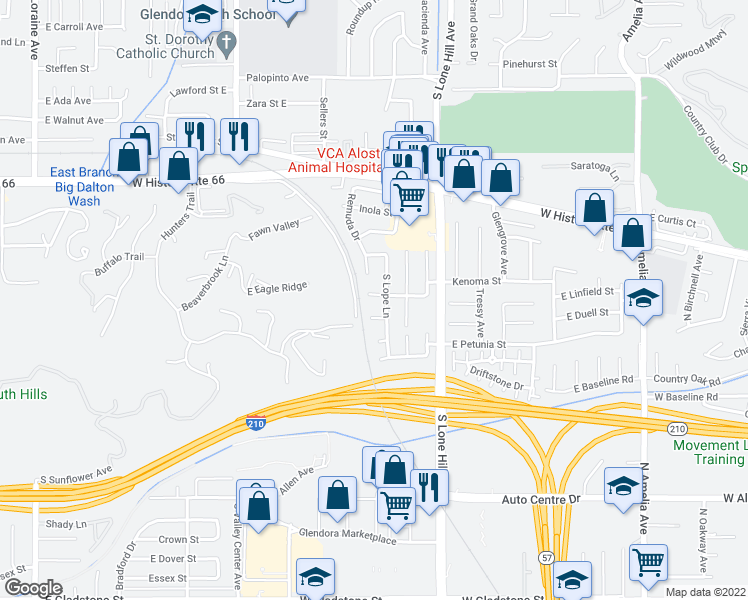 map of restaurants, bars, coffee shops, grocery stores, and more near 1714 East Linfield Street in Glendora