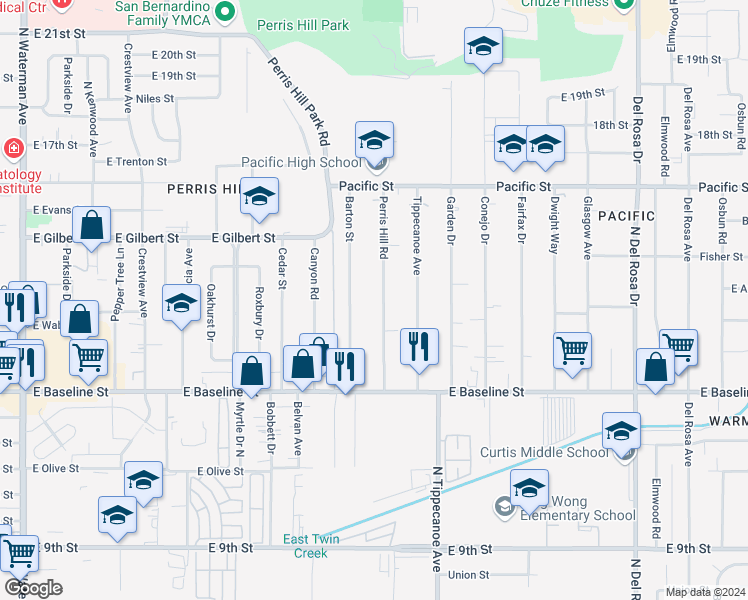 map of restaurants, bars, coffee shops, grocery stores, and more near 7120 Perris Hill Road in San Bernardino