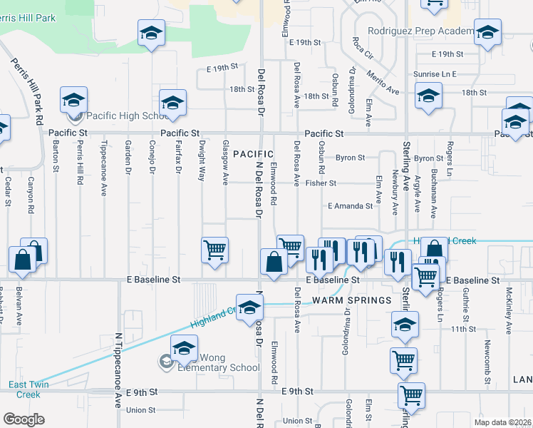 map of restaurants, bars, coffee shops, grocery stores, and more near 7098 Elmwood Road in San Bernardino