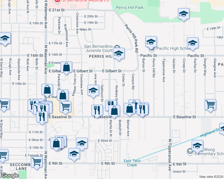 map of restaurants, bars, coffee shops, grocery stores, and more near 1384 Windsor Drive in San Bernardino