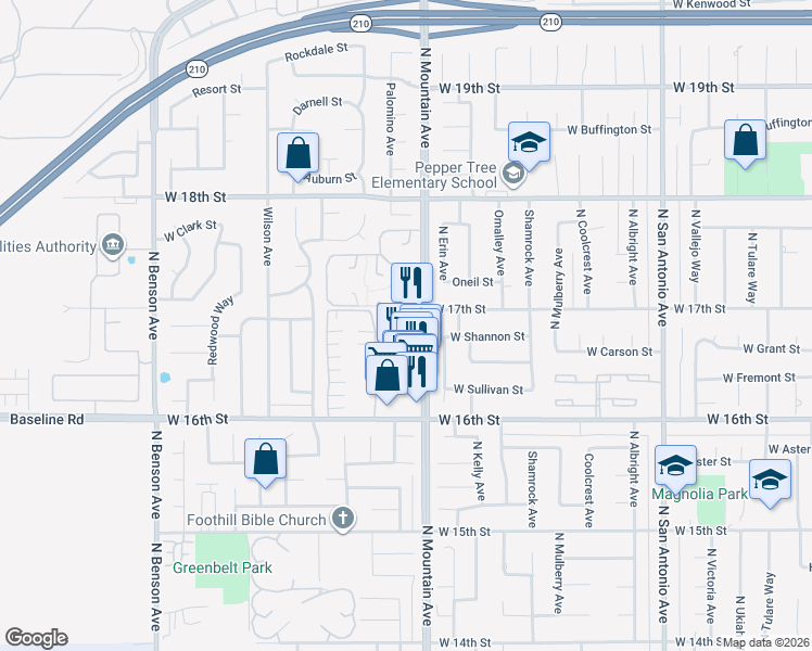 map of restaurants, bars, coffee shops, grocery stores, and more near 1211 Parkview Circle in Upland