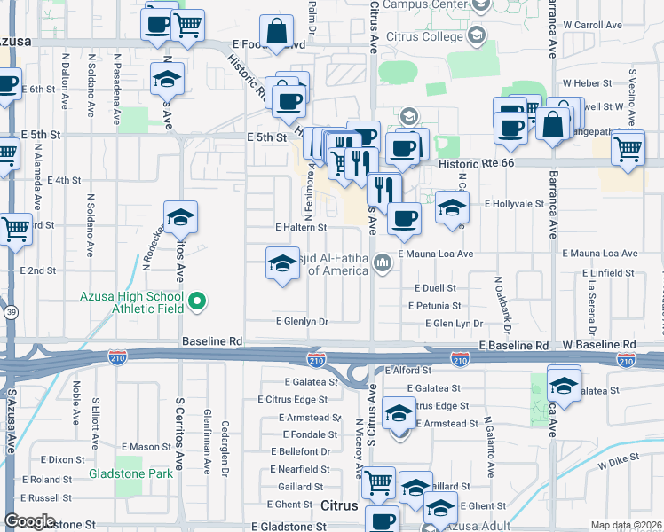 map of restaurants, bars, coffee shops, grocery stores, and more near 207 North Calvados Avenue in Azusa