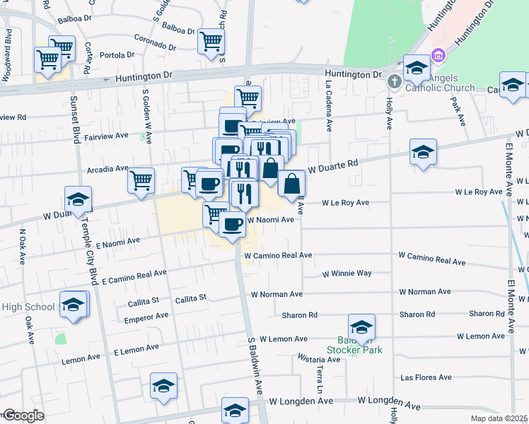 map of restaurants, bars, coffee shops, grocery stores, and more near 655 West Naomi Avenue in Arcadia