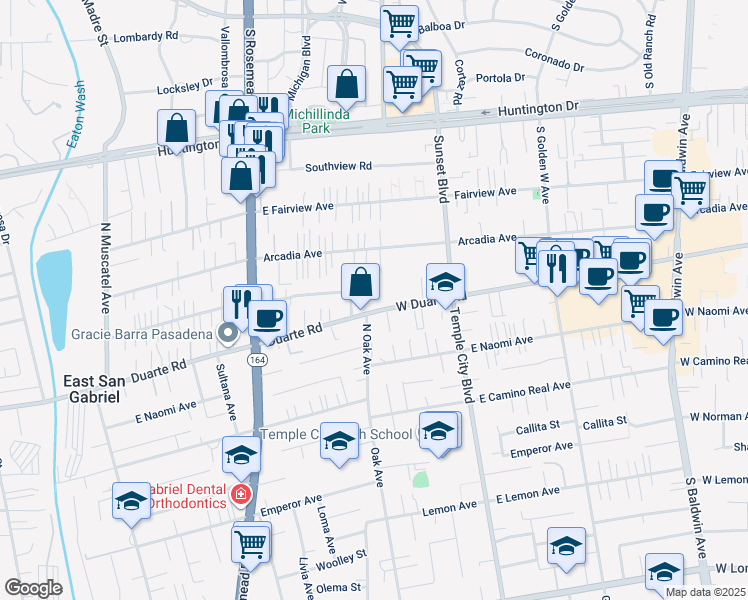 map of restaurants, bars, coffee shops, grocery stores, and more near 9169 East Greenwood Avenue in San Gabriel