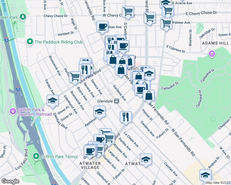 map of restaurants, bars, coffee shops, grocery stores, and more near 336 El Bonito Avenue in Glendale