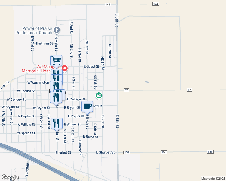 map of restaurants, bars, coffee shops, grocery stores, and more near Northeast 8th Street in Lockney