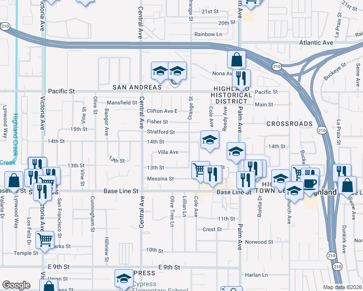 map of restaurants, bars, coffee shops, grocery stores, and more near 27038 14th Street in Highland