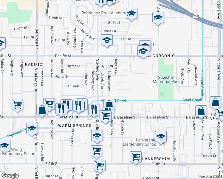 map of restaurants, bars, coffee shops, grocery stores, and more near 7093 Buchanan Avenue in San Bernardino