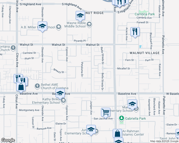 map of restaurants, bars, coffee shops, grocery stores, and more near 7102 Verdugo Place in Fontana