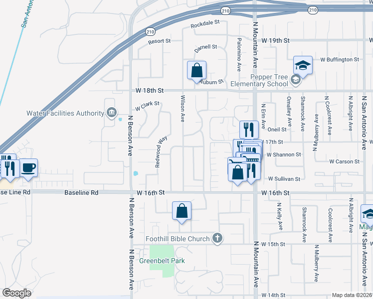 map of restaurants, bars, coffee shops, grocery stores, and more near 1704 Wilson Avenue in Upland