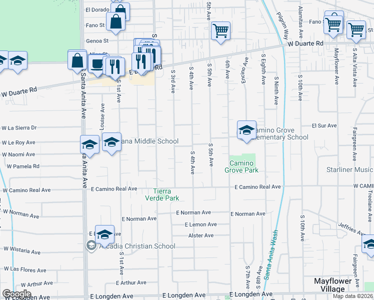 map of restaurants, bars, coffee shops, grocery stores, and more near 311 Leda Lane in Arcadia