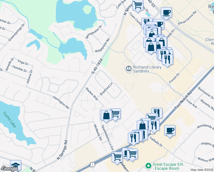 map of restaurants, bars, coffee shops, grocery stores, and more near 23 North Trace Court in Columbia