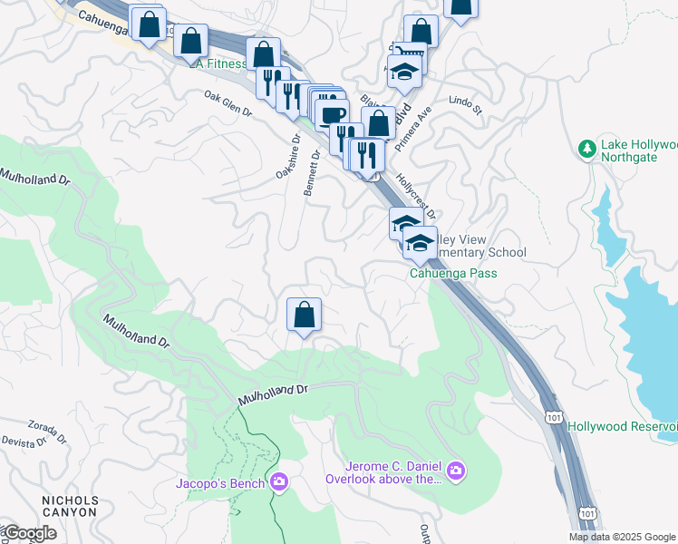 map of restaurants, bars, coffee shops, grocery stores, and more near 7143 Woodrow Wilson Drive in Los Angeles