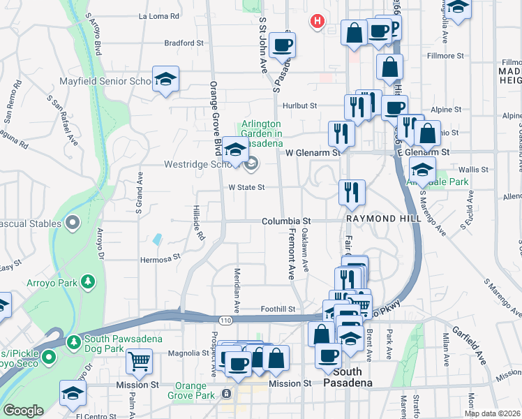 map of restaurants, bars, coffee shops, grocery stores, and more near 1199 Pasadena Avenue in Pasadena