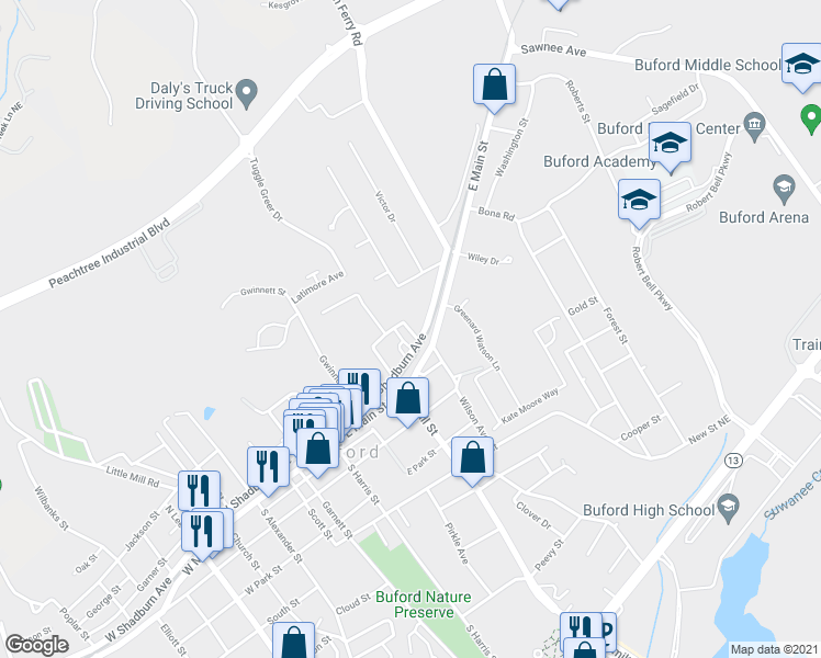 map of restaurants, bars, coffee shops, grocery stores, and more near 350 5th Street in Buford