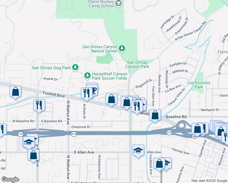 map of restaurants, bars, coffee shops, grocery stores, and more near 585 Canyon Hill Road in San Dimas