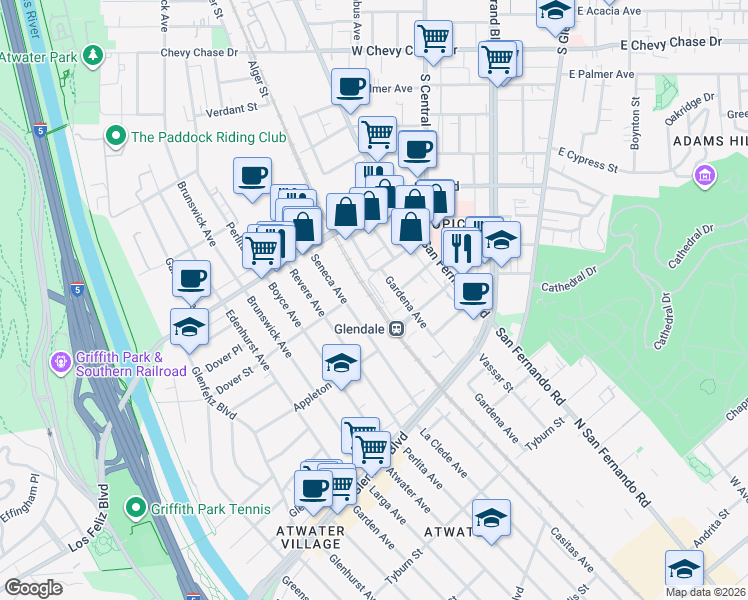 map of restaurants, bars, coffee shops, grocery stores, and more near 400 West Cerritos Avenue in Glendale