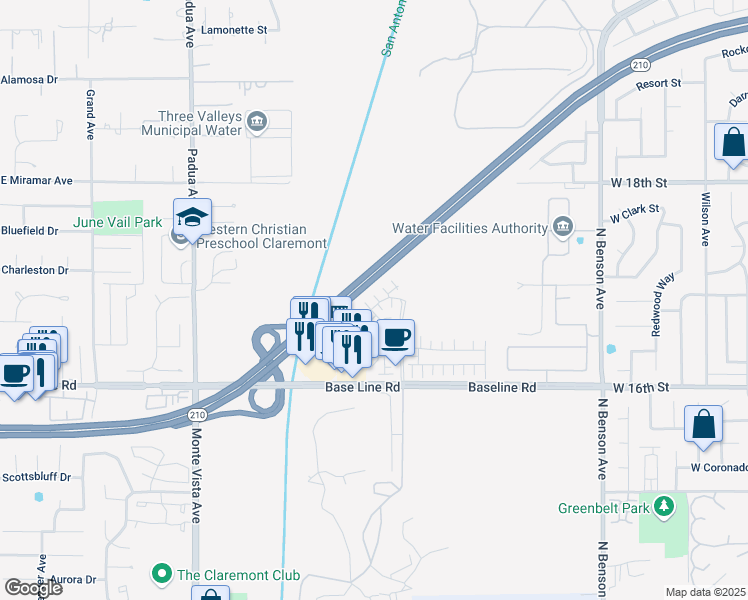 map of restaurants, bars, coffee shops, grocery stores, and more near 1760 Acadia Place in Upland