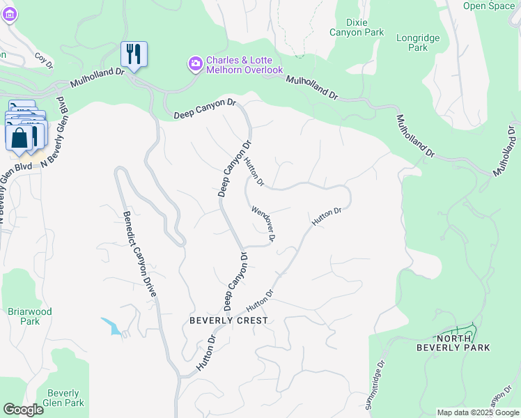 map of restaurants, bars, coffee shops, grocery stores, and more near 9684 Wendover Drive in Beverly Hills