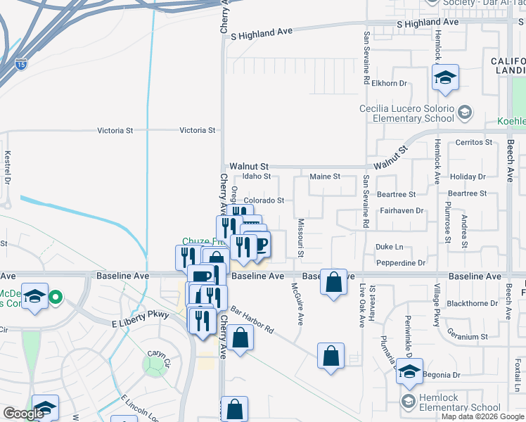 map of restaurants, bars, coffee shops, grocery stores, and more near 14615 Colorado Street in Fontana
