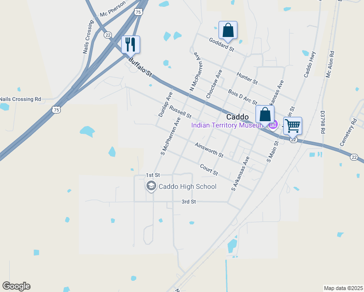 map of restaurants, bars, coffee shops, grocery stores, and more near 5110 Ainsworth Street in Caddo