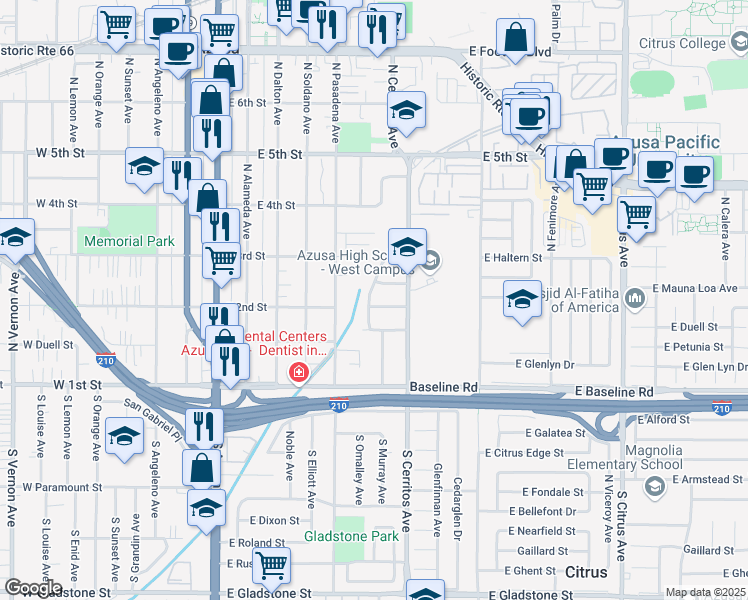 map of restaurants, bars, coffee shops, grocery stores, and more near 204 North Rodecker Drive in Azusa