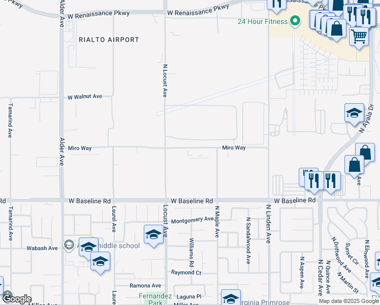 map of restaurants, bars, coffee shops, grocery stores, and more near 1750 Miro Way in Rialto